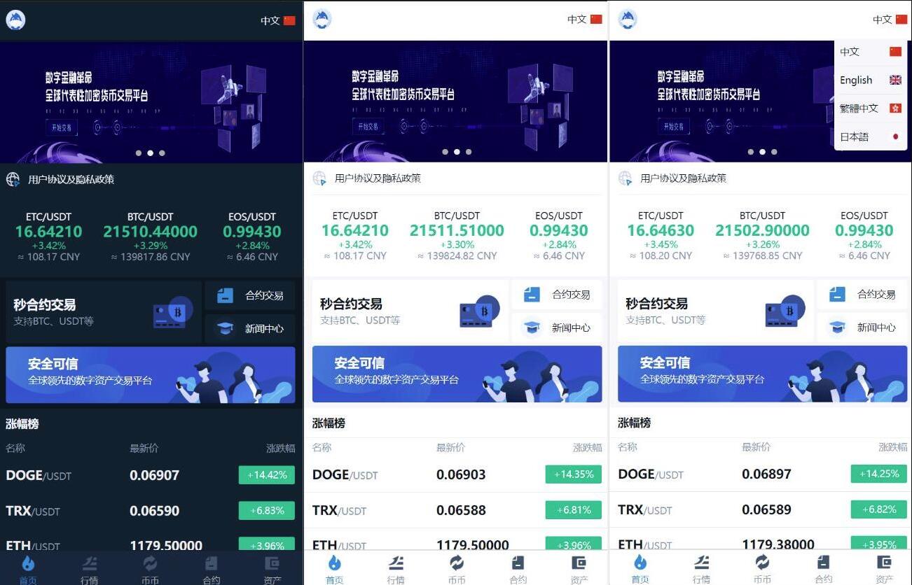 交易所多语言源码+完整数据/币币交易/法币交易/C2C交易/合约交易